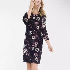 Chico's Shift Dress Sz 2 Womens L 12/14 Black Crushed Velvet Floral Bell Sleeve